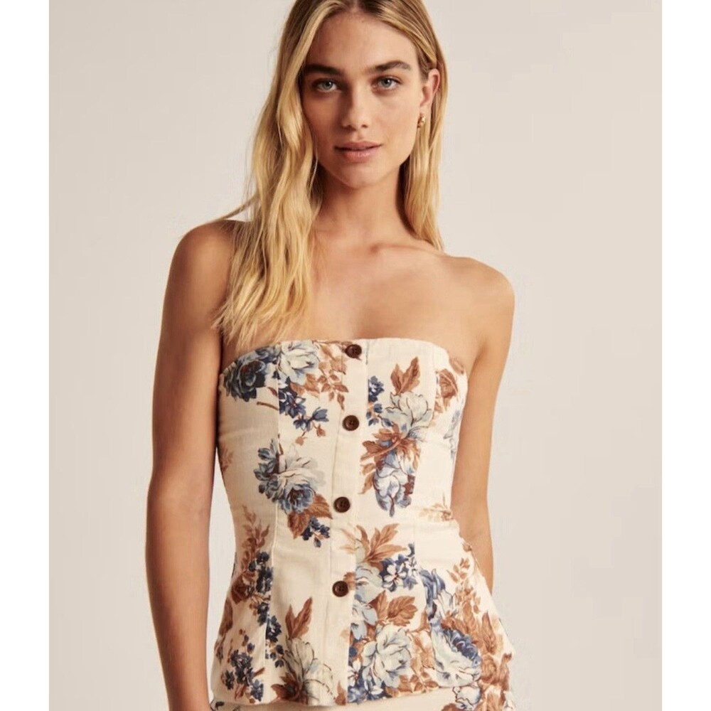 Abercrombie & Fitch Cream Floral Strapless Top Linen Blend Size M $60 NWOT
